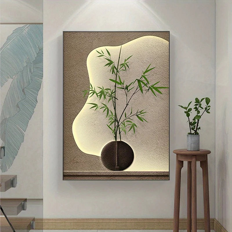 Large Simple Japanese Bamboo Wall Art with Light and Shadow Texture Modern Canvas Decor, Bedroom Minimalist Wall Art No Frame
