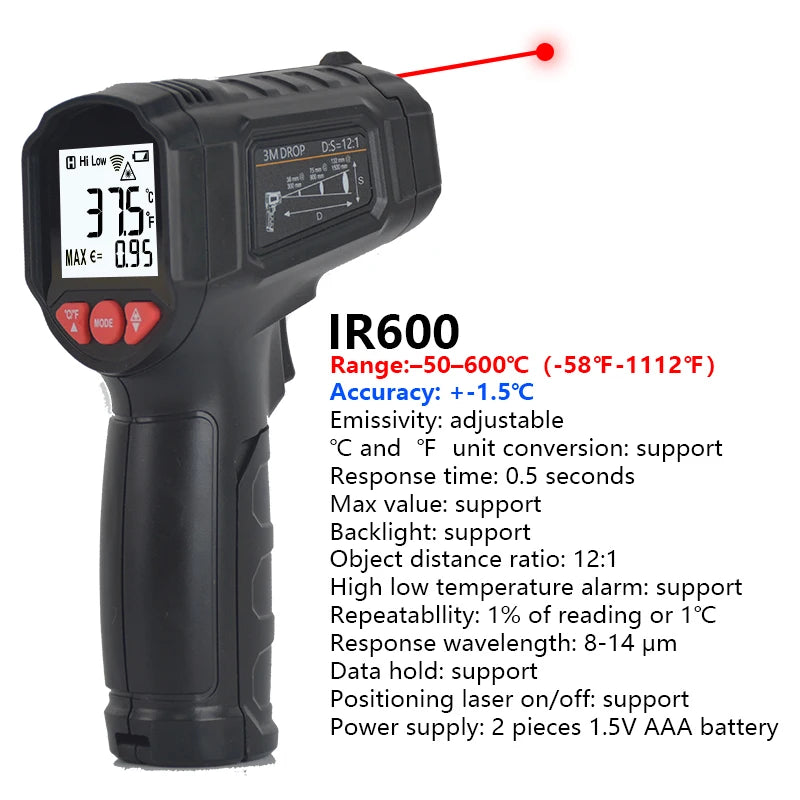 -50 to 800 Degree Mestek Digital Infrared Thermometer Laser Temperature Meter Non-contact Pyrometer Hygrometer IR Thermometer
