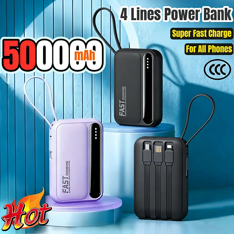 With 4In1 Cables 120W 500000mAh Power Bank Large Capacity Intelligent Digital Display Light Portable Powerbank For iPhone Huawei