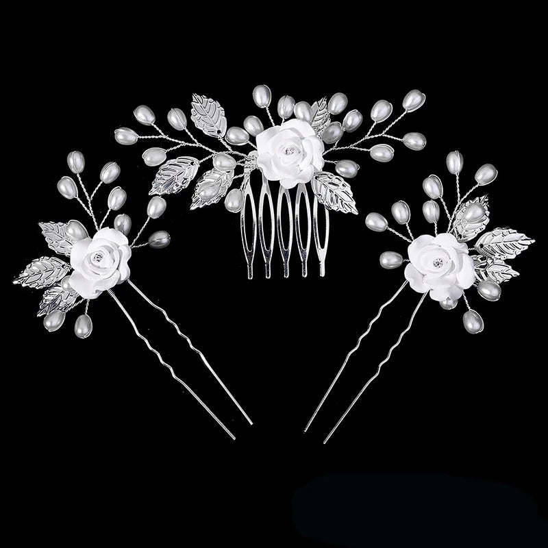 Luxury Pearls Wedding Flower Hair Comb Bride Hair Pins Clips Set Cute Hair Fork Headpieces for Women Jewelry Gift Hair Accessory