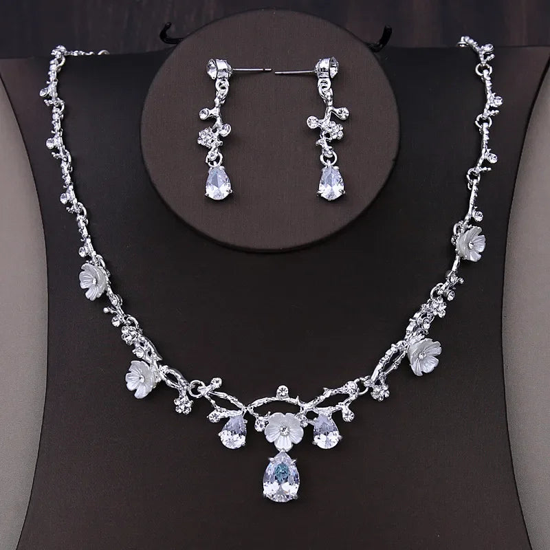 Fashion Flower Rhinestone Zircon Wedding Necklace Earring Set for Bridal Jewelry Women Wedding Dresses Accessories Party Gift