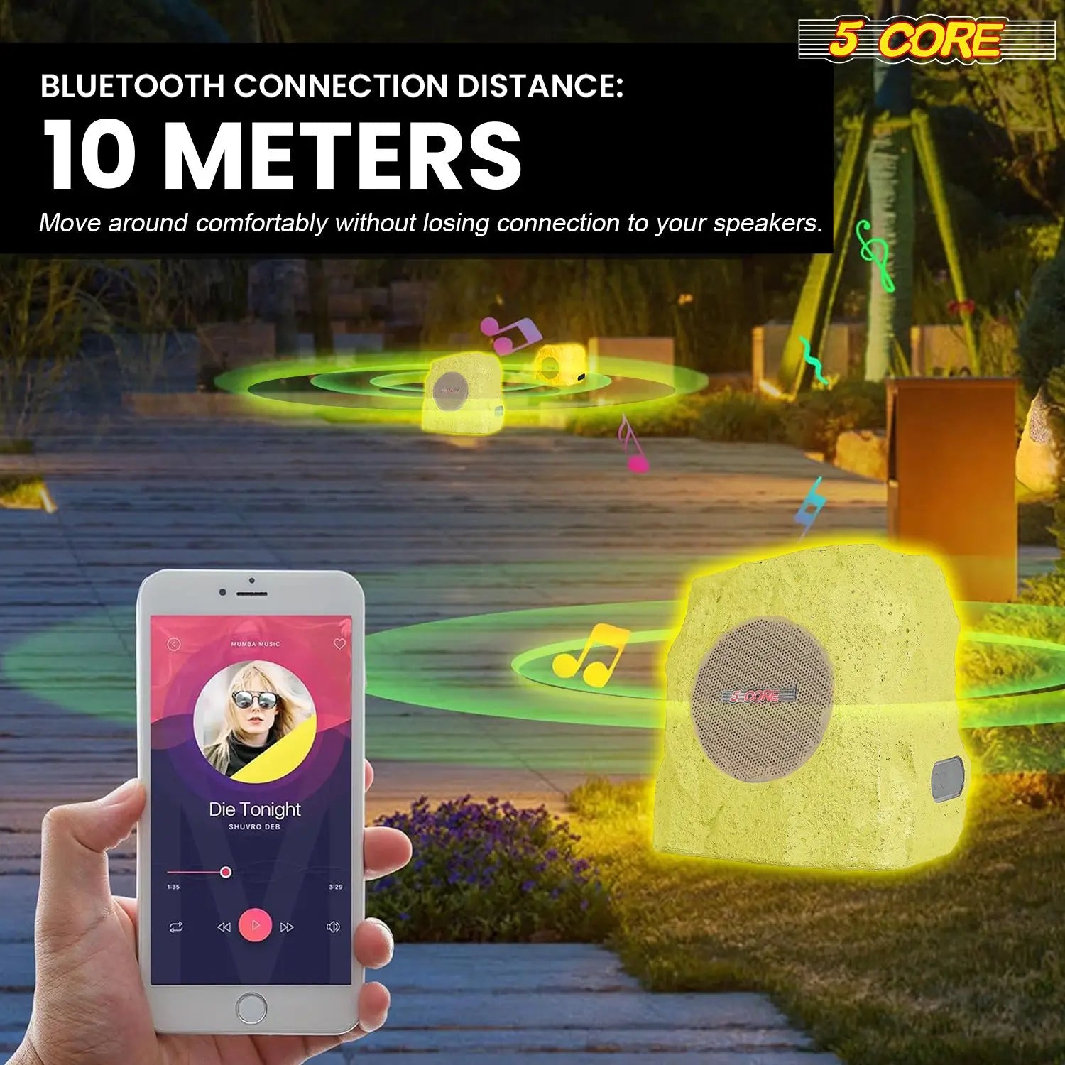 Rock Speaker Outdoor Waterproof Bluetooth Garden Speakers Solar & USB Charging RGB Colors for Patio Pool & Home