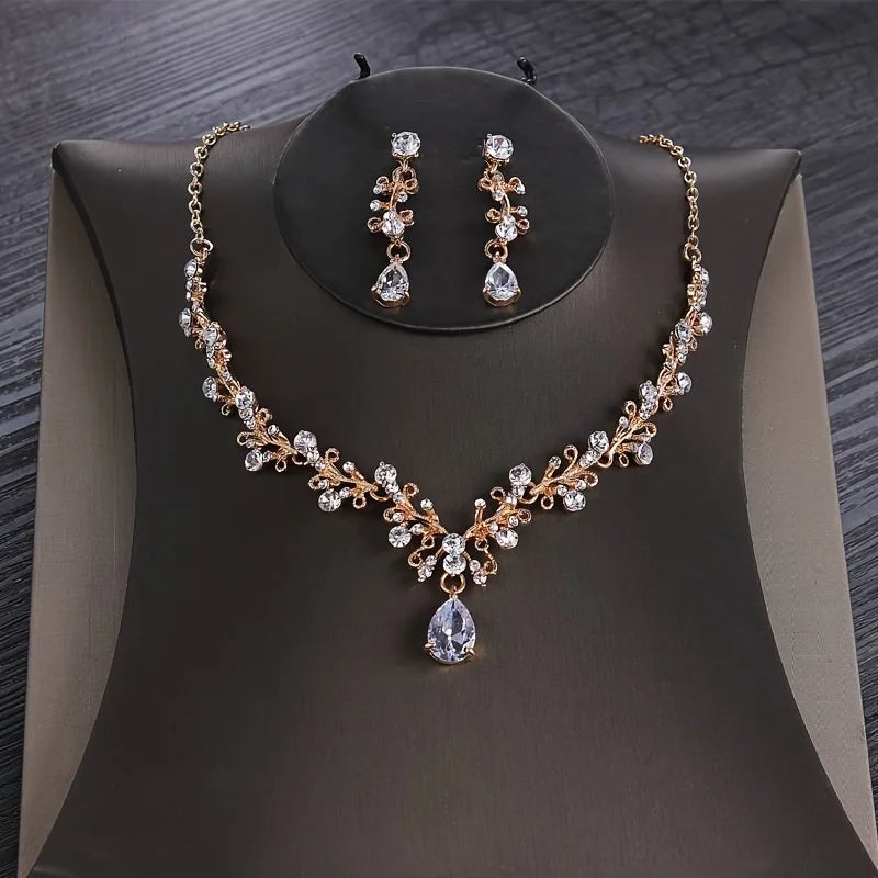 Bridal Headwear Luxury Silver-Color Crystal Water Drop Rhinestone Tiara Necklace Earrings Wedding 4 Pcs Jewelry Set