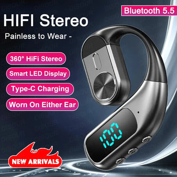 Single Ear Bluetooth 5.5 Wireless Earphone LED Display Ear-Hook Headset 180° Rotatable Wireless Earbuds Waterproof Sport Headset