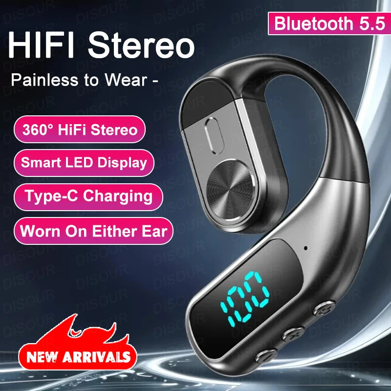 Single Ear Bluetooth 5.5 Wireless Earphone LED Display Ear-Hook Headset 180° Rotatable Wireless Earbuds Waterproof Sport Headset