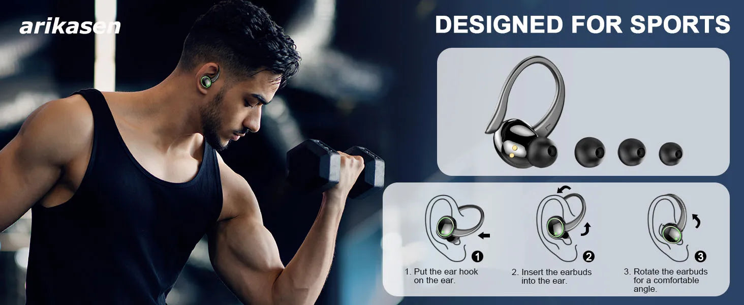 Headphones Bluetooth 5.3 Wireless Bass Stereo Over Ear Earbuds ENC Noise Cancelling Mic with Earhooks 48H Playback LED Display