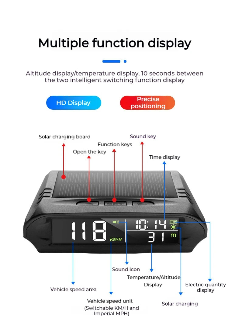 Auto GPS Speedometer With Solar Charging Car HUD Head up Display Car Smart Digital Alarm Reminder Meter Electronics Accessories
