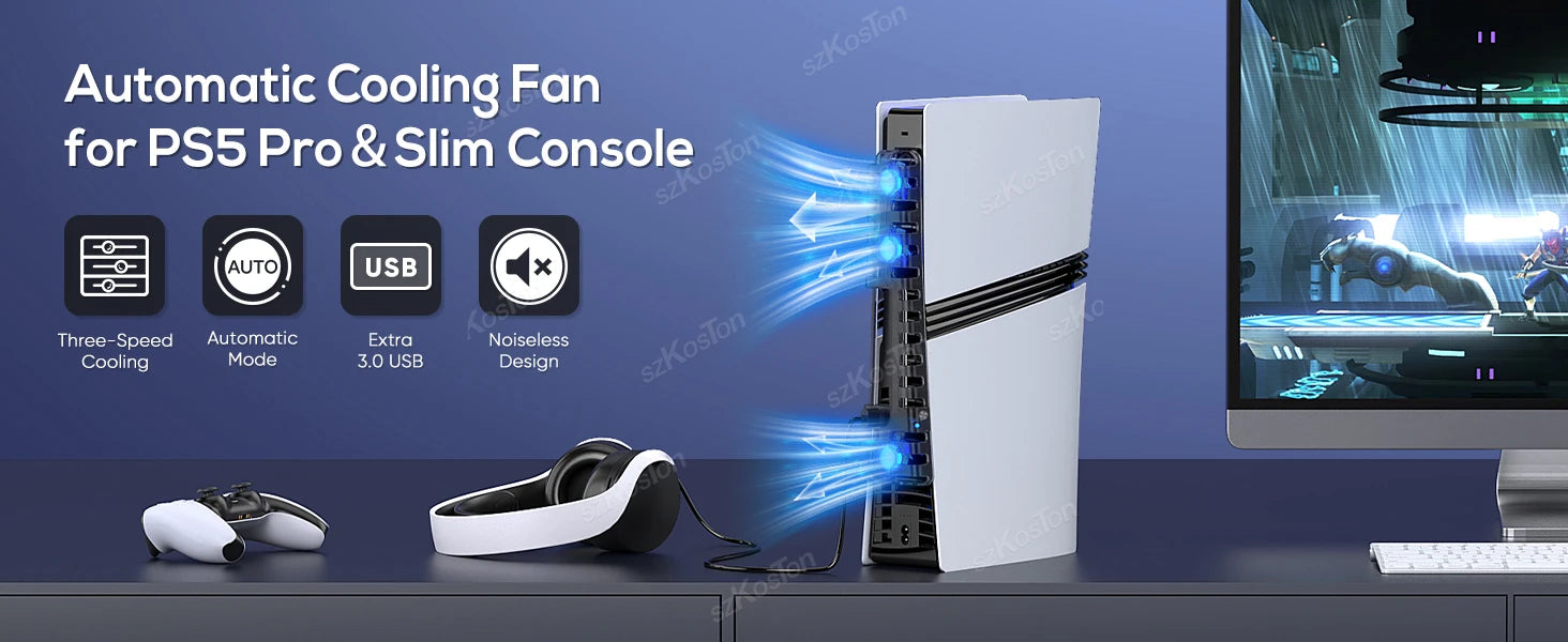 Smart Cooling Fan for PS5 Pro&PS5 Slim Console Automatic Temperature Sensing Adjust Speed for PlayStation5 Pro Games Accessories