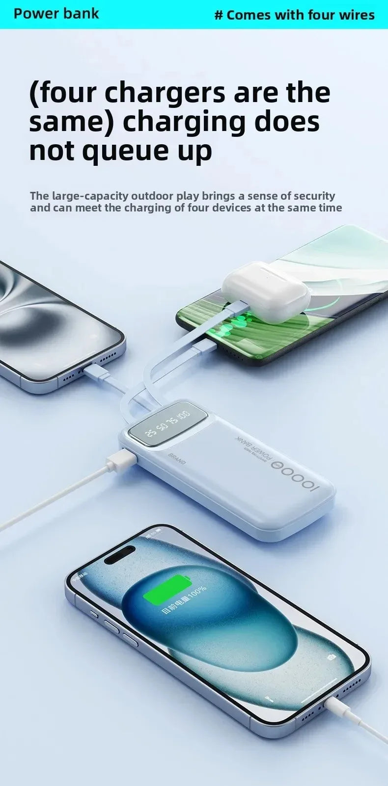 CCC Certified 10000mAh 20000mAh Power Bank Built in Type C Cable Ultra Thin Digital Display Portable External Battery Powerbank