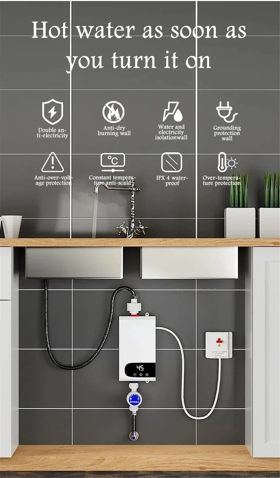 5500W Instant Water Heater 220V Portable Electric Heaters for Bathroom Hot Water Shower and Home Kitchen Heating