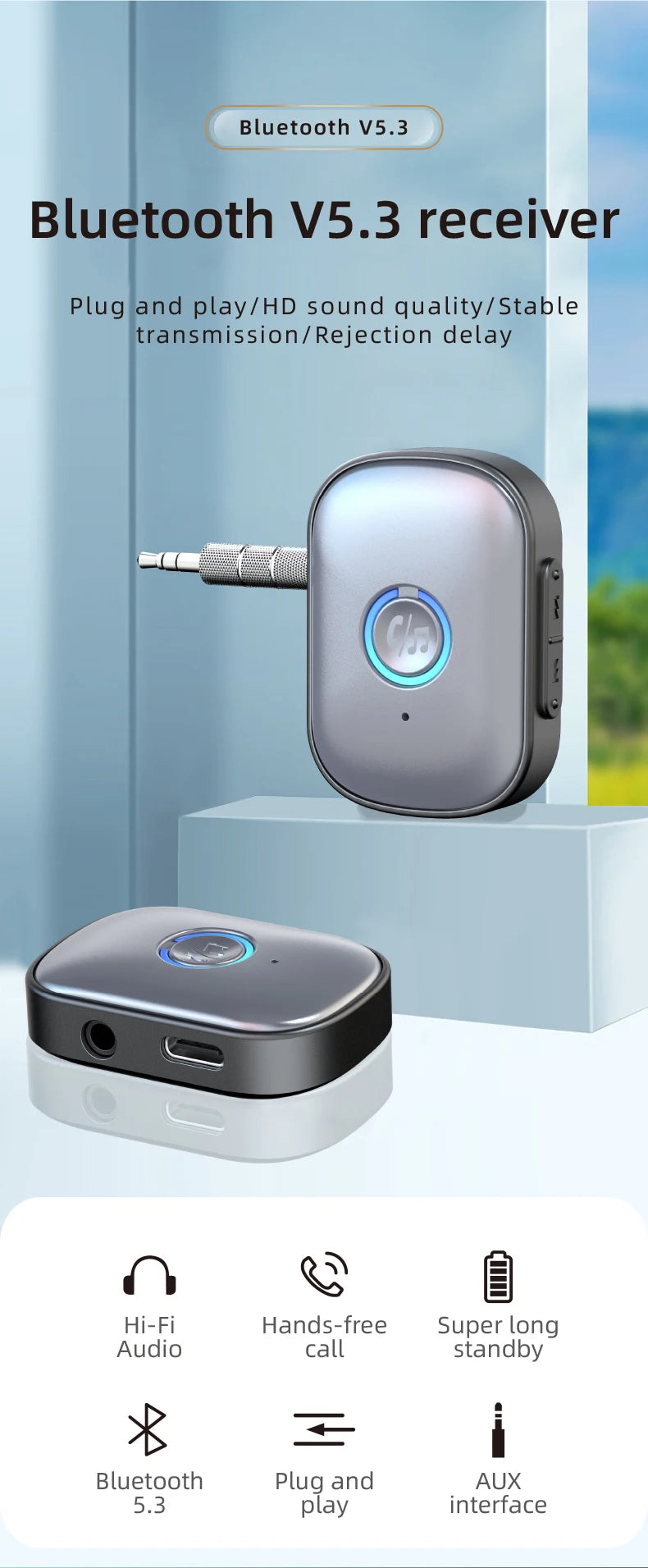 Bluetooth 5.3 Audio Receiver AUX 3.5mm Jack Stereo Wireless Audio Adapter with Microphone for Car Earphones TV Speakers