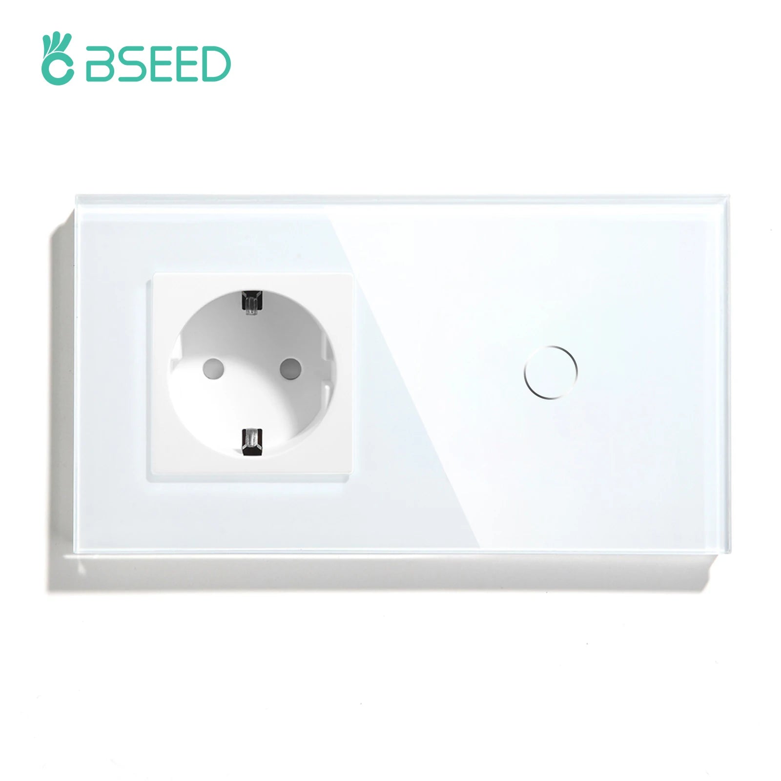 BSEED Touch Light Switch With EU Power Wall Sockets White Wall Led Switches 1/2/3Gang 1Way Crystal Glass Panel Dark Backlight