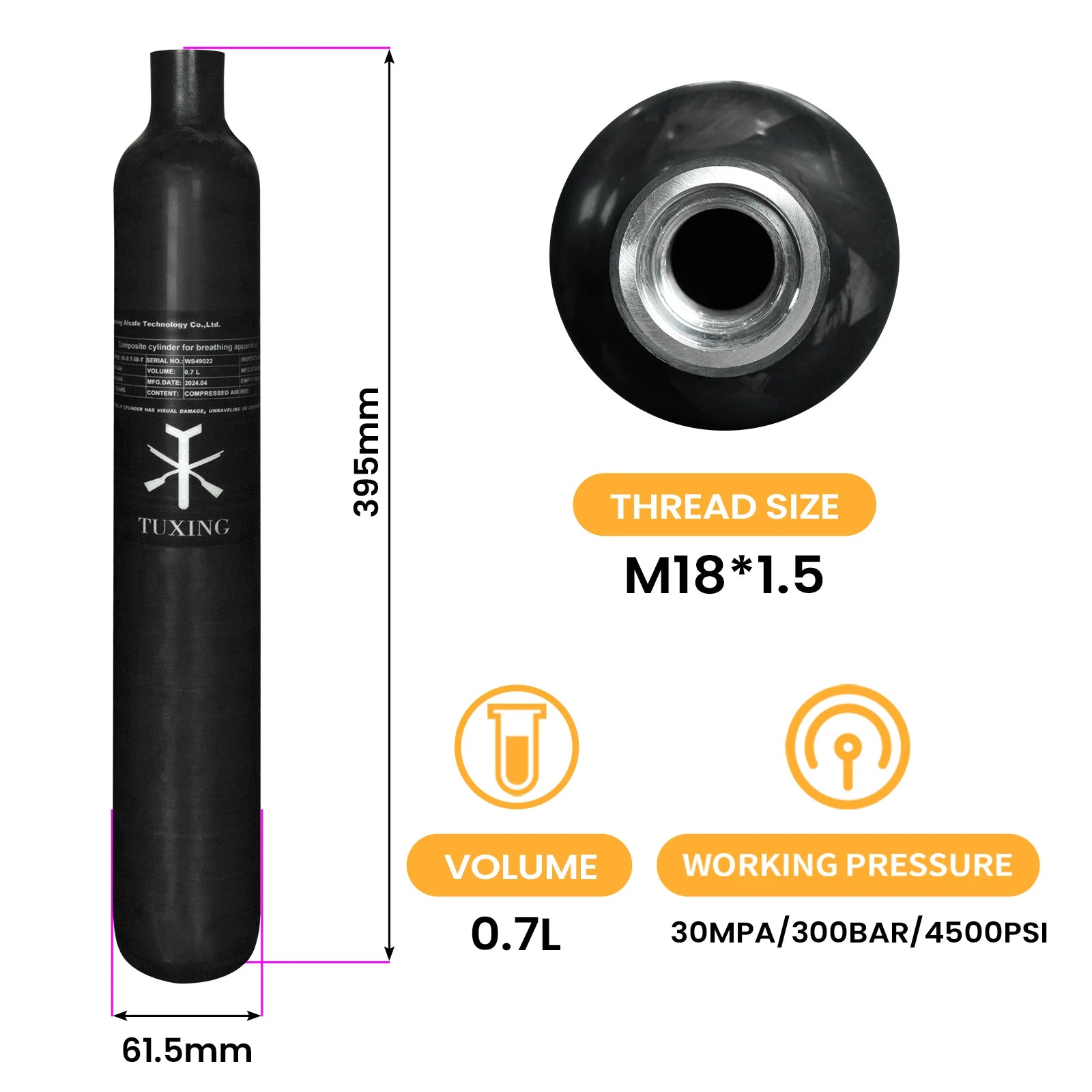 TUXING 4500Psi 300Bar 0.7L 700cc 42Ci Carbon Fiber Cylinder HPA High Pressure Regulating Valve Fill Station Scuba Diving M18*1.5