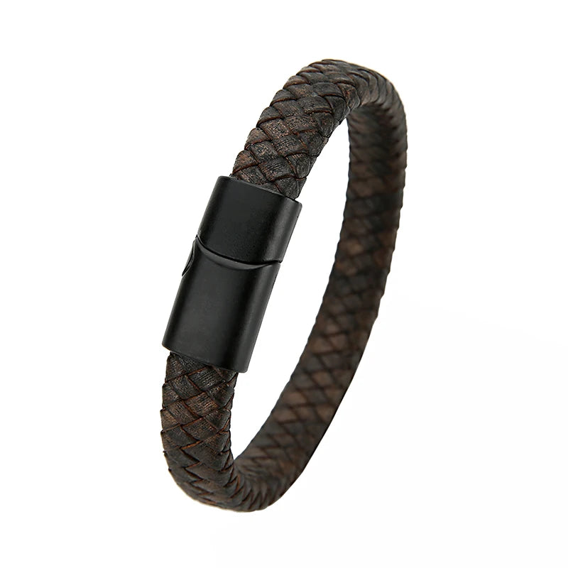 Mibrow Braided Black Leather Men Bracelet 10x5 12x6mm Size Fashion Metal Magnetic Clasp Wrap Bracelets Punk Charm Men Jewelry