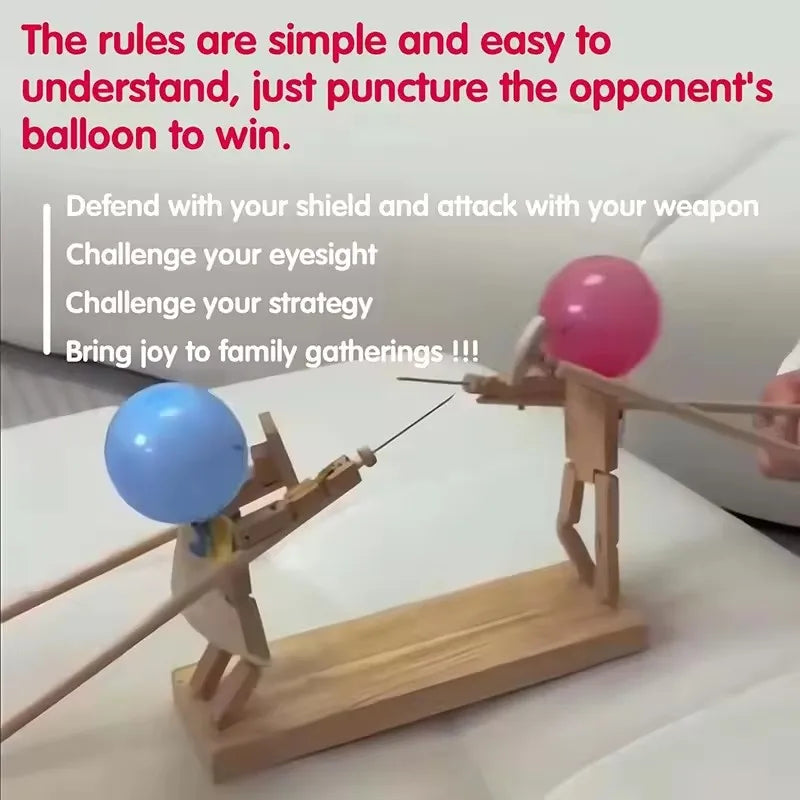 Handmade Wooden Balloon Battle Game for Two Players Fast-Paced Bamboo Man Fencing Puppets Wooden Bots Battle Game