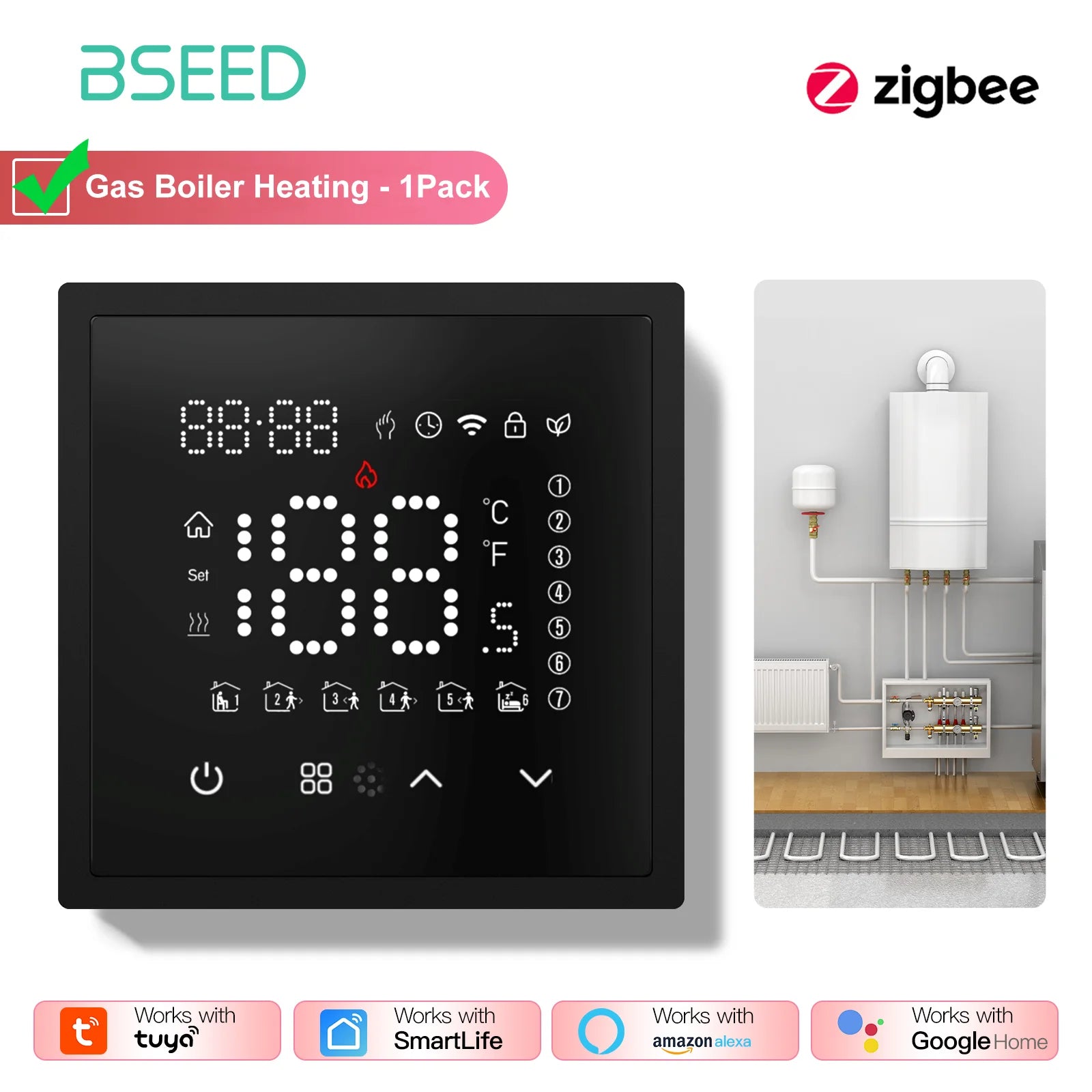 BSEED Zigbee Electric /Water/Gas Boiler Floor Heating Touch Sensor Smart Thermostats Tuya Smart Life Alexa Control Plastic Frame