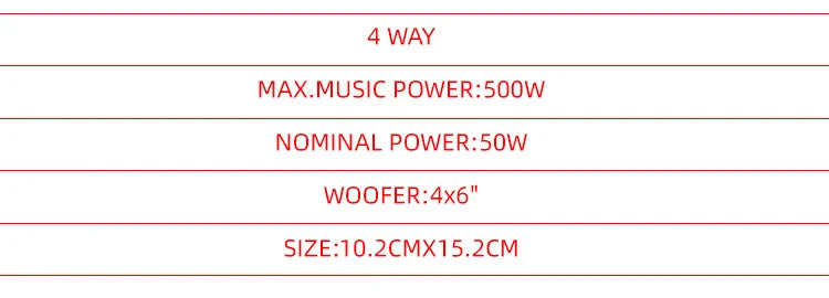 A pair of 4x6-inch coaxial four-way car audio speakers, 500W maximum power, 50W RMS, high-power sound quality, 4 ohm impedance