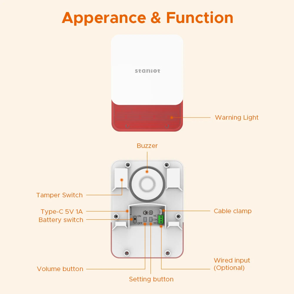 Staniot Indoor Siren Alarm 115dB High Decibel Wireless 433MHz Tuya Anti-Theft Smart Home Devices Waterproof House Alarm System