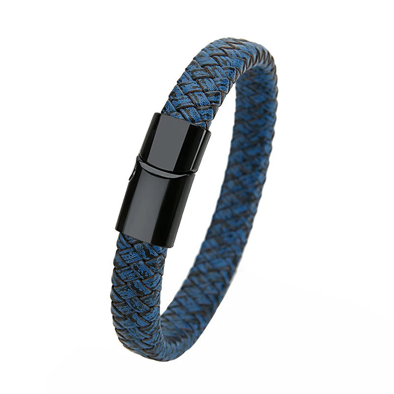 Mibrow Braided Black Leather Men Bracelet 10x5 12x6mm Size Fashion Metal Magnetic Clasp Wrap Bracelets Punk Charm Men Jewelry