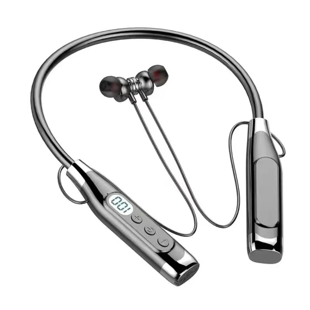 LED Digital Display Neckband Headphones Waterptoof 3D Stereo Wireless Bluetooth Earphones Mega Bass Neck-mounted Sports Headsets