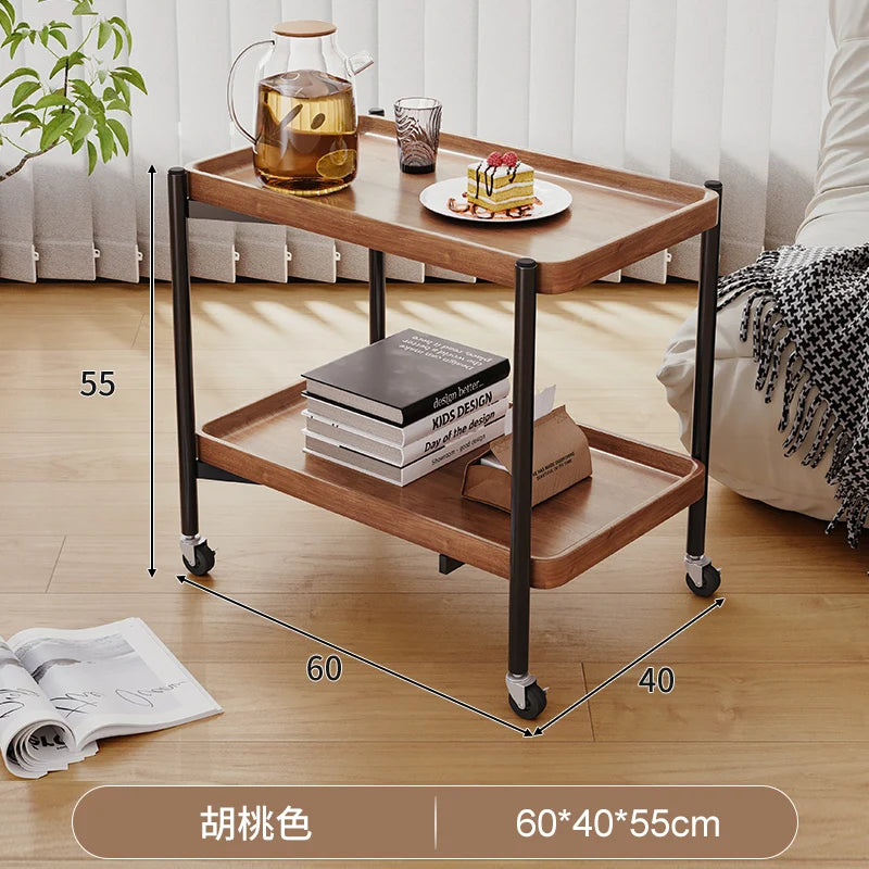 Solid Wood Rolling Cart Table Movable Side Wheels Compact Wooden Tea Trolley Living Room Portable Coffee Bedroom Bedside Storage