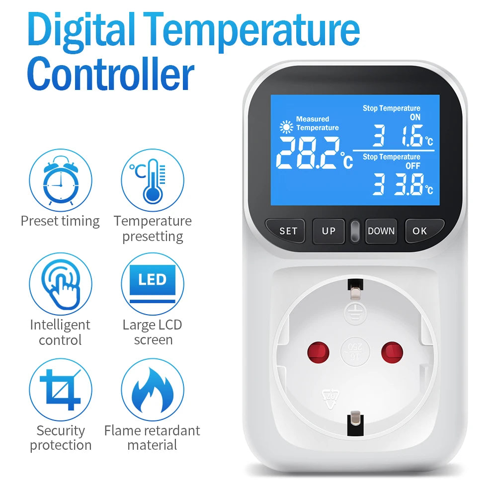 16A Thermostat Socket Multi-Function Temperature Controller Outlet with Timer Switch Sensor Probe Heating Cooling Switch
