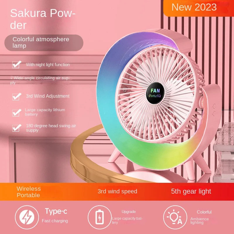5 Inch Portable Desk Fan with LED Light 3 Speed Silent Fan USB Rechargeable Battery Powered for Home Office Outdoor Camping