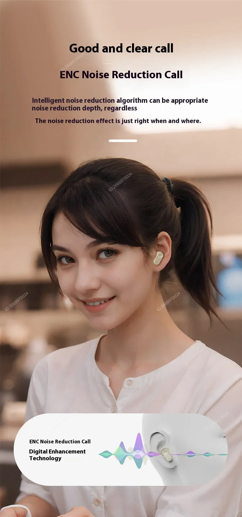 Wireless Bluetooth Earbuds Comfort Fit Metal Diaphragm Hi-Fi Sound Long Battery Life Earphones ENC Noise Cancellation With Mic