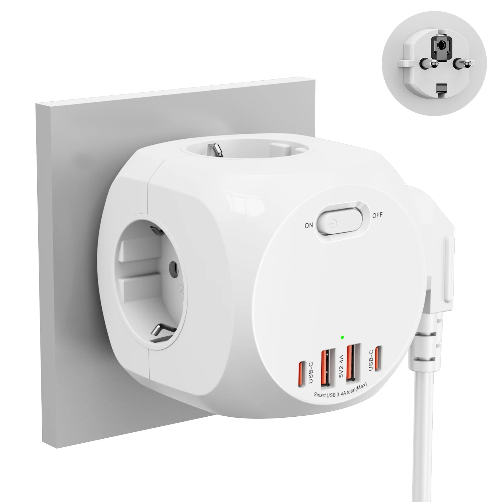 Eu plug multi-functional wall socket 4AC+4USB smart fast charging with multiple safety protections, suitable for family travel
