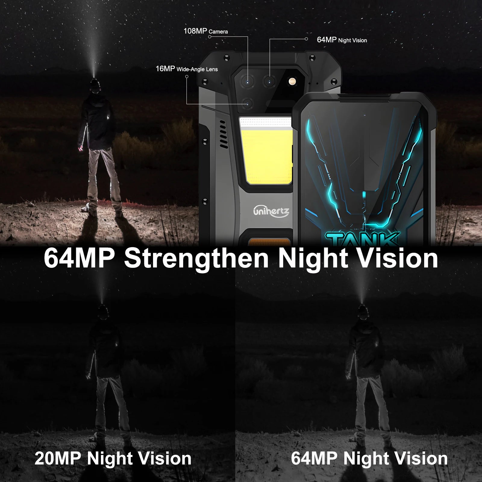 Unihertz TANK 2 Projector phone 22GB 256/512GB 32MP 108MP 64MP Night Vision Double Camping Light 15500mAh G99 Support TF SD NFC