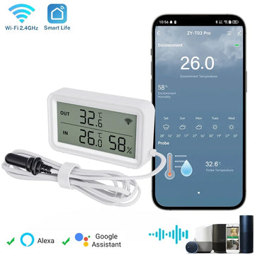 Tuya WiFi Temperature Humidity Sensor LCD Screen Thermometer with External Probe Compatible with Smart Life Google Assistant