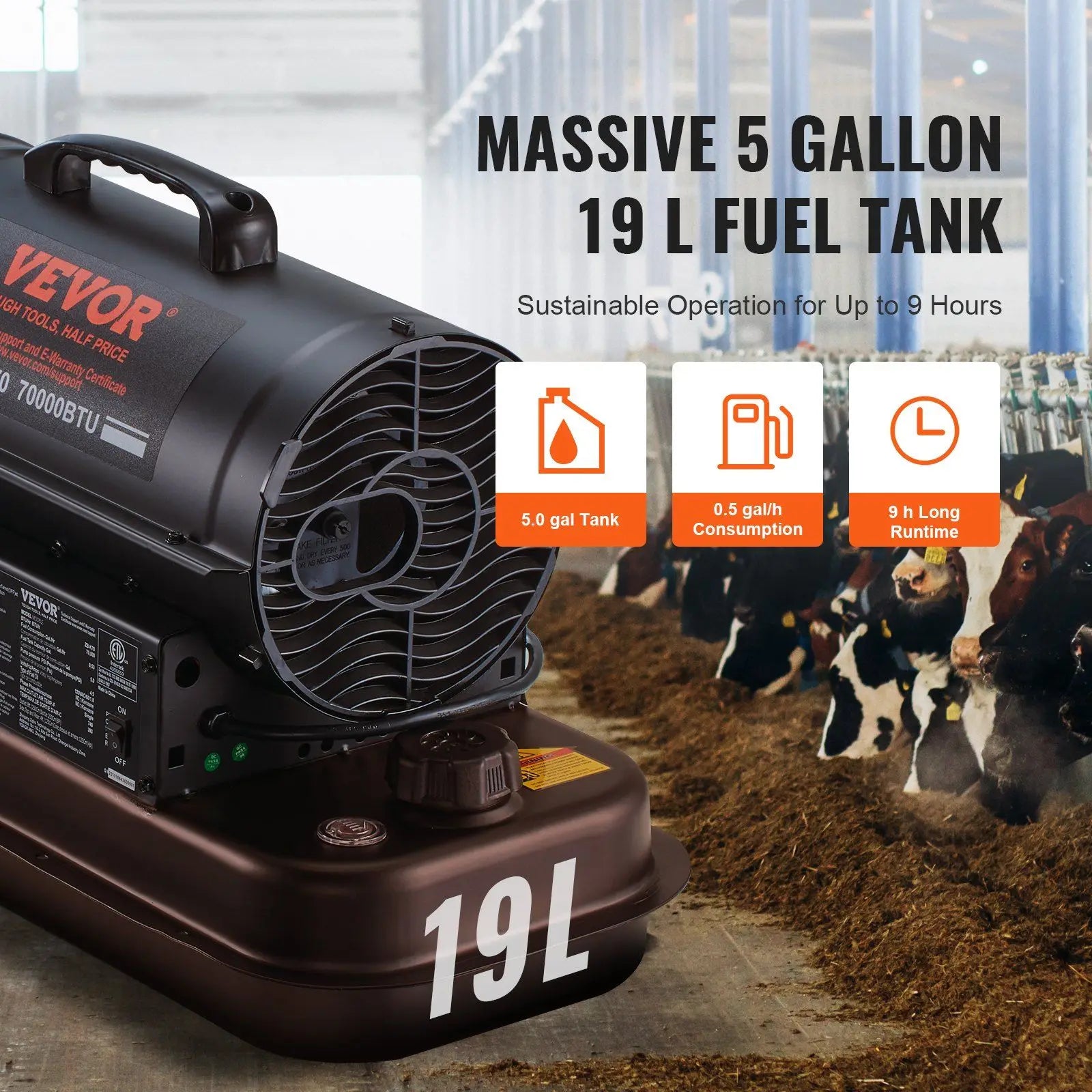 Kerosene Forced Air Heater, 70000 BTU Portable Torpedo Diesel Space Heater with Thermostat, 5 Gallon Tank Energy-Efficient heavy