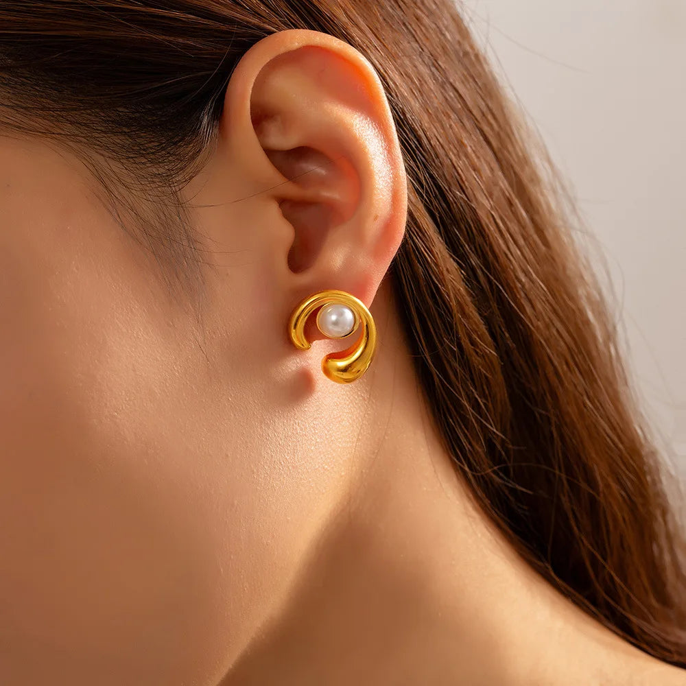 Fashion Stainless Steel Pearl Earrings for Women Texture Geometric Irregular Round Metal Stud Earring Trendy Jewelry Gift