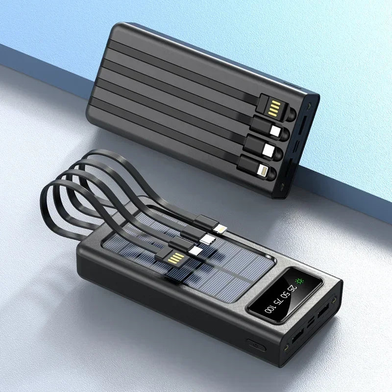 New 20000mAh Solar Power Bank Large Capacity Mobile Power Fast Charging Battery with Dual USB 4 Cables for IPhone Samsung Xiaomi