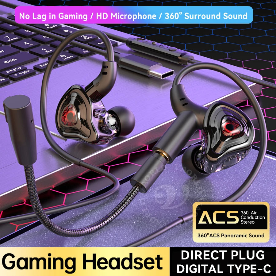 Esports Gaming Headset 360° Surround Sound Hifi Stereo Wired Earphones 3.5mm/Type-C/USB In-Ear Dual Micrphone PUBG Gaming Earbud