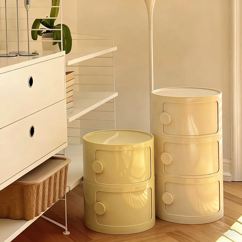 Plastic Round Nightstand Bedside Table Cabinet with Sliding Doors Round Storage Bedside Cabinet Nightstand  for Living Bedroom