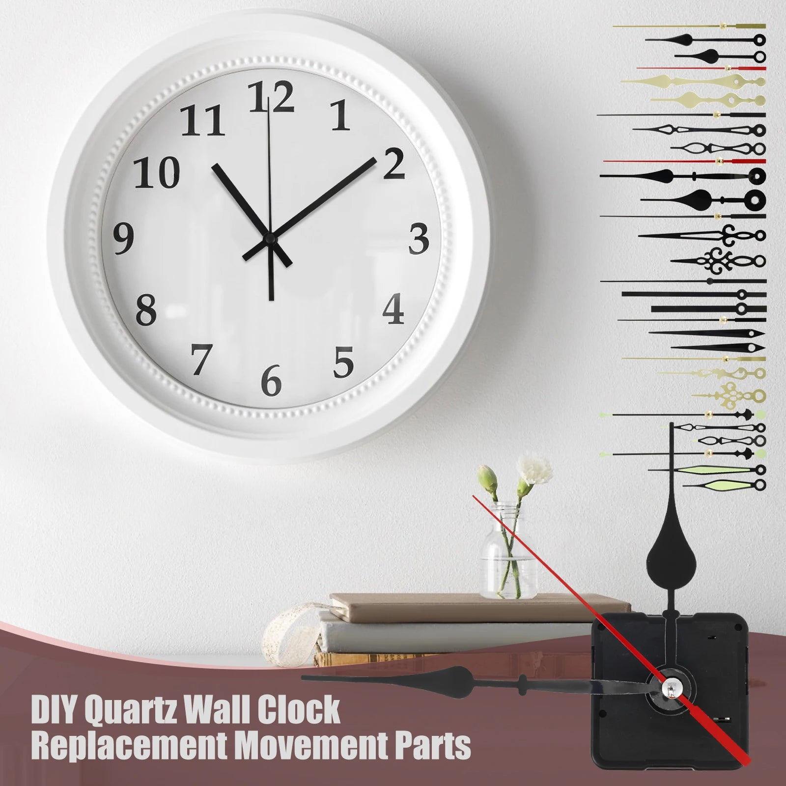 Clock Movement Mechanism with 10 Styles Aluminium Clock Hands DIY Quartz Wall Clock Battery Powered Silent Quartz Clock Movement
