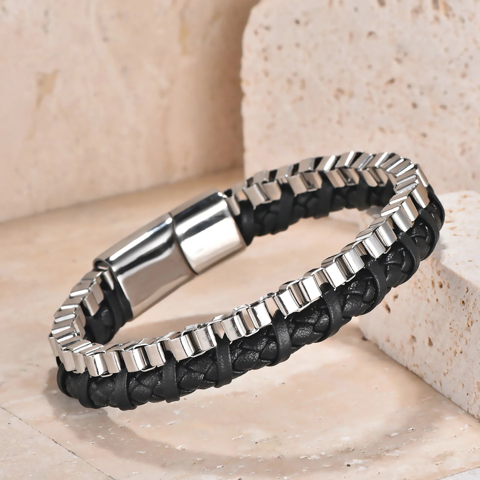 Classic Stainless Steel Leather Bracelet For Mens Chain Wristband Business Charm Jewelry Accessories for Dad Boyfriend
