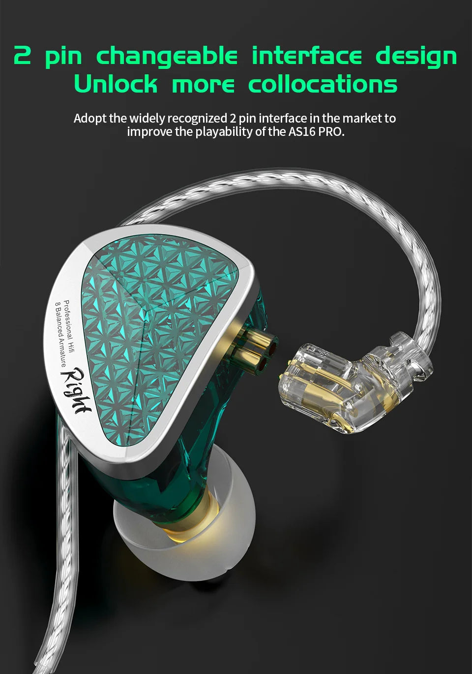 KZ AS16 Pro HIFI wired in-ear headphones 8BA Balanced armature unit Music monitor Noise cancelling headphones Sports headphones