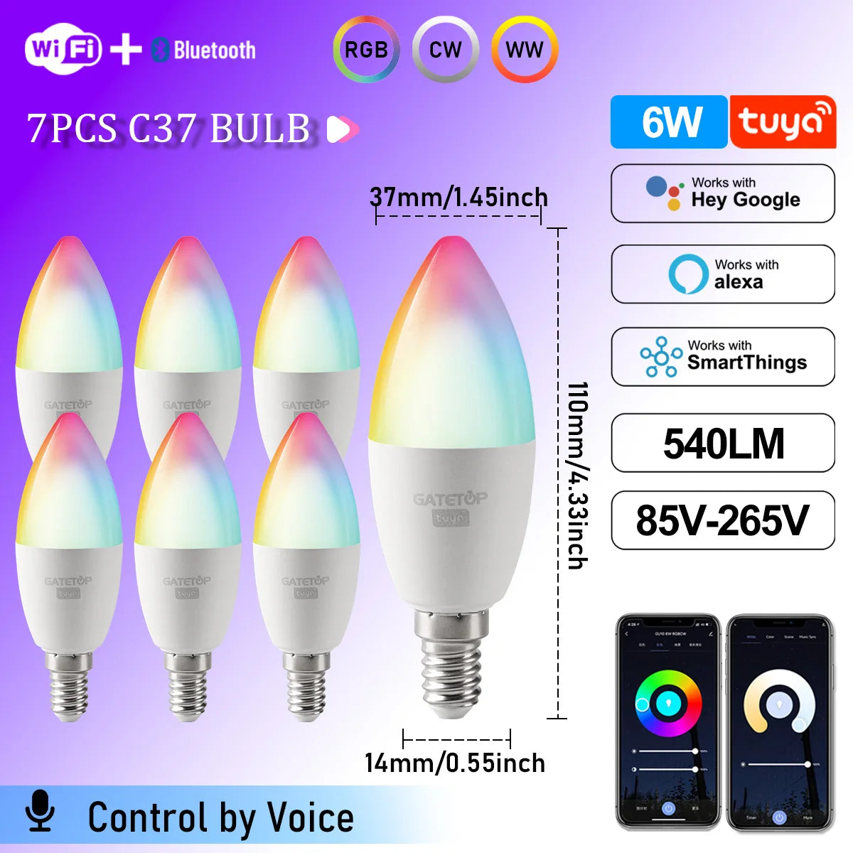 1-10PCS LED Candle Tuya Bulb WiFi E14 Smart RGB CW AC 85-265V 6W LED Lamp C37 Bulbs App Voice Control Support Alexa Google Home