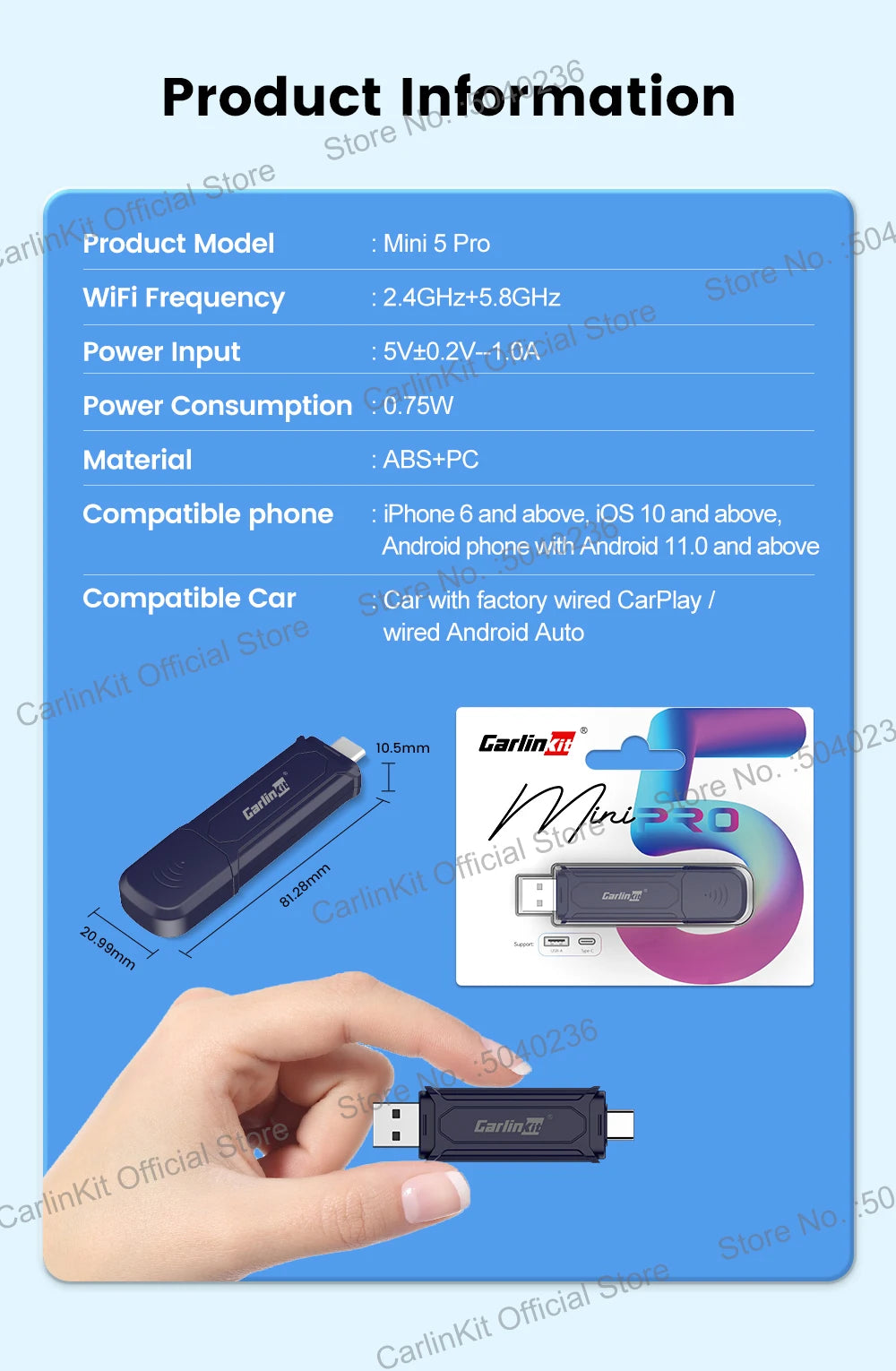 CarlinKit 5.0 Mini Ultra CarPlay Wireless Adapter 2 In 1 Wifi 5.8G Android Auto Wireless Dongle for Spotify Music OEM Car