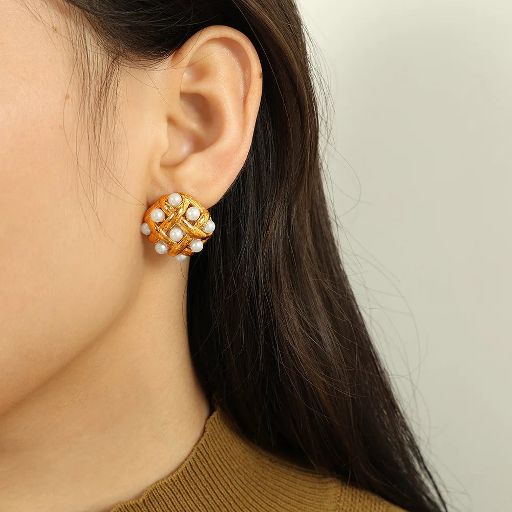 Fashion Stainless Steel Pearl Earrings for Women Texture Geometric Irregular Round Metal Stud Earring Trendy Jewelry Gift