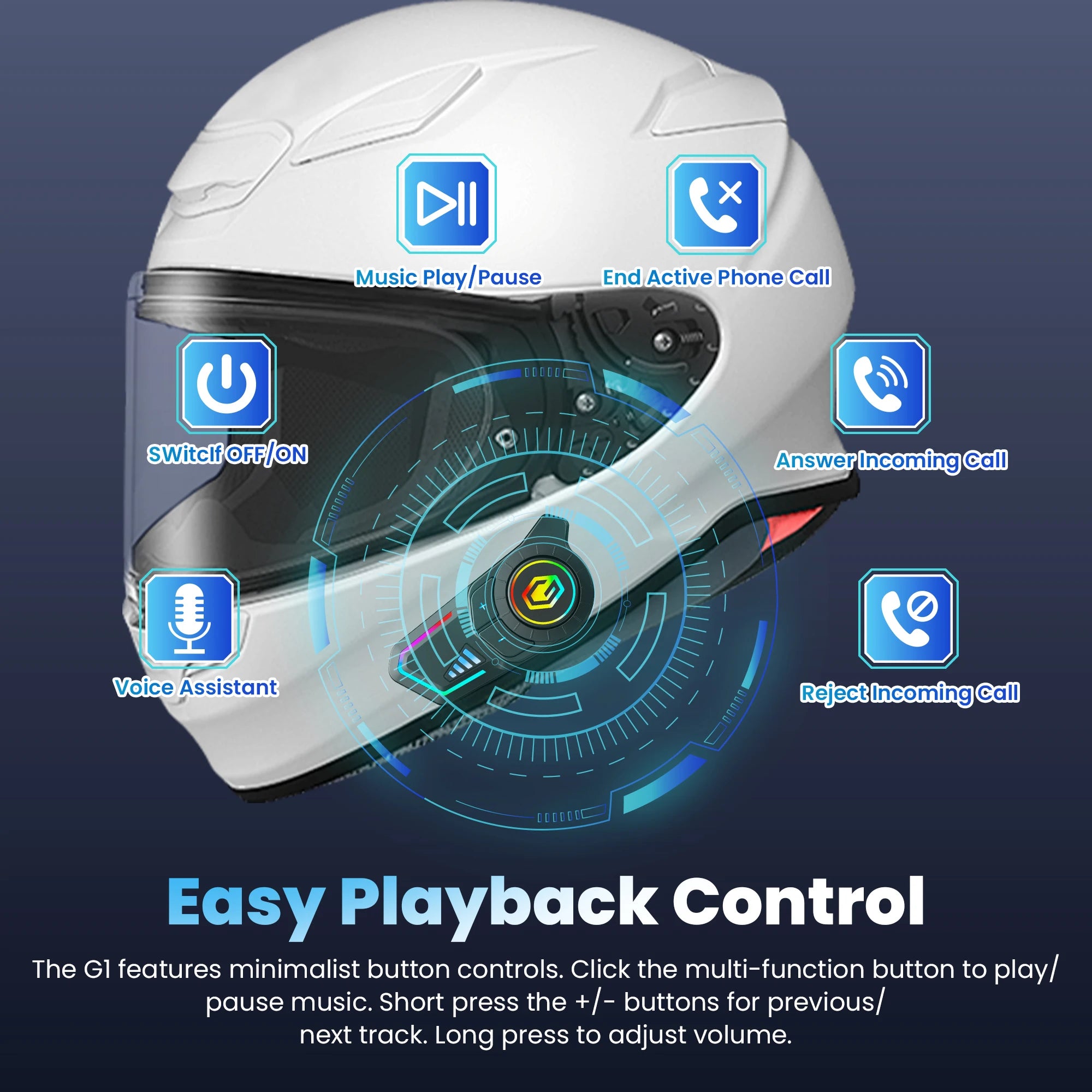 GEARELEC G1 Motorcycle Helmet Bluetooth Headset Hands Free Call IPX67 Waterproof 1000mAh Headset Speakers HiFi Stereo RGB Light