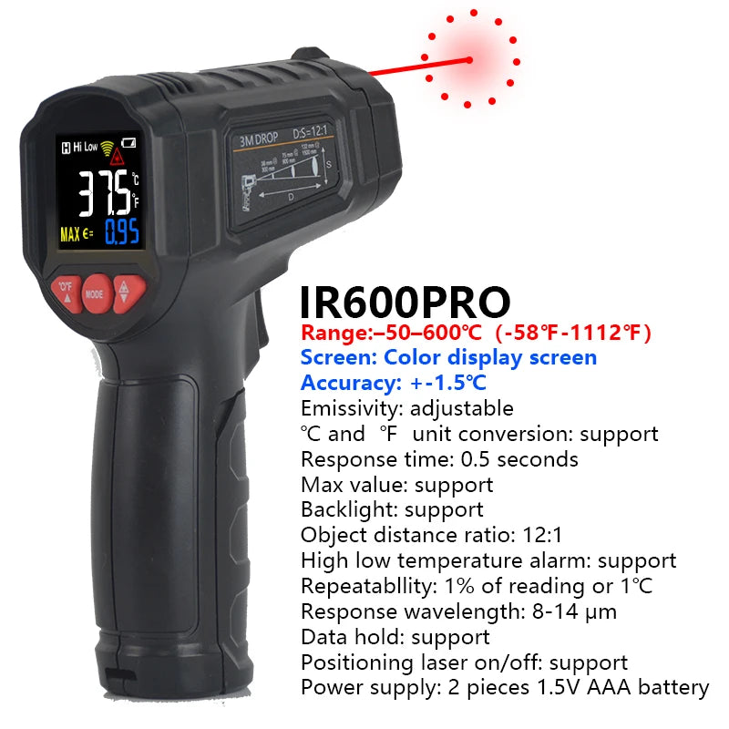 -50 to 800 Degree Mestek Digital Infrared Thermometer Laser Temperature Meter Non-contact Pyrometer Hygrometer IR Thermometer
