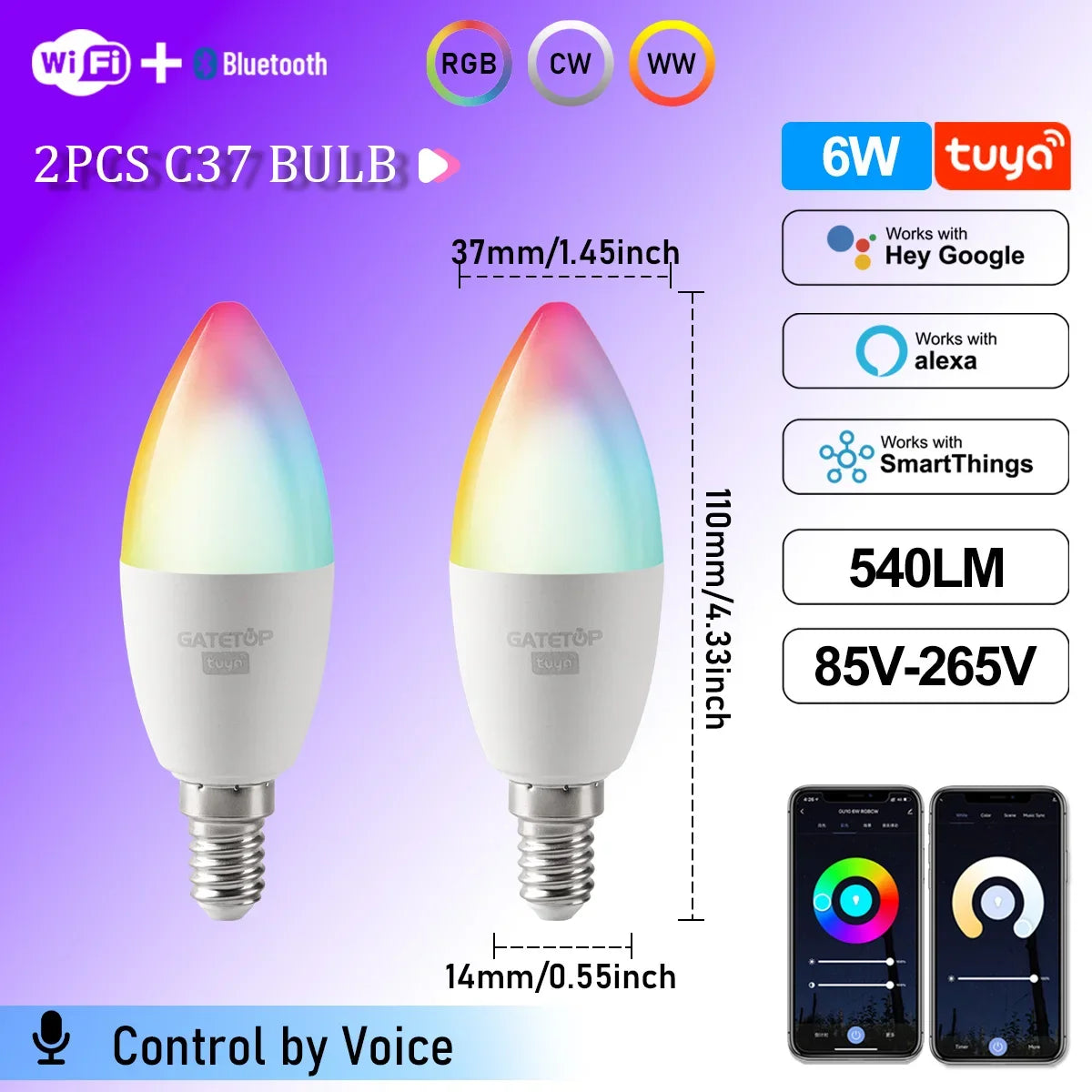 1-10PCS LED Candle Tuya Bulb WiFi E14 Smart RGB CW AC 85-265V 6W LED Lamp C37 Bulbs App Voice Control Support Alexa Google Home
