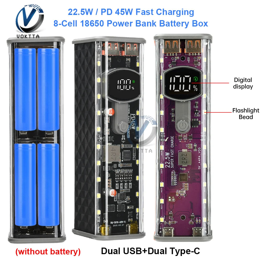 8*18650 Power Bank Battery Case 22.5W PD 45W Fast Charging Battery Storage Box Welding Free USB+Type-C Port