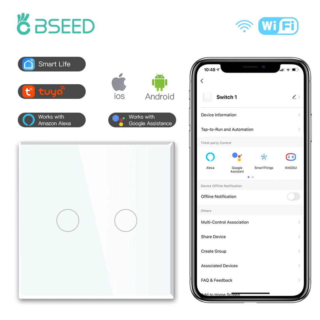 BSEED Wifi Touch Swithces Wall Light Switch With EU Socket USB Type-C Plugs Tuya Smart Life Alexa Yandex App Control Glass Panel