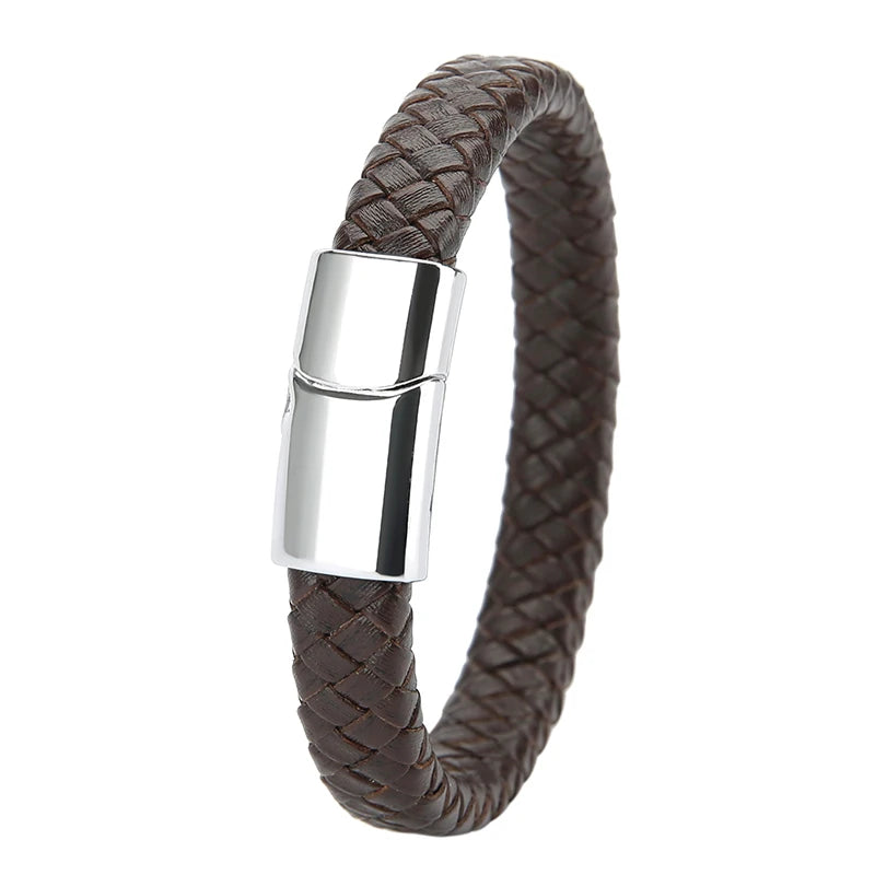 Mibrow Braided Black Leather Men Bracelet 10x5 12x6mm Size Fashion Metal Magnetic Clasp Wrap Bracelets Punk Charm Men Jewelry