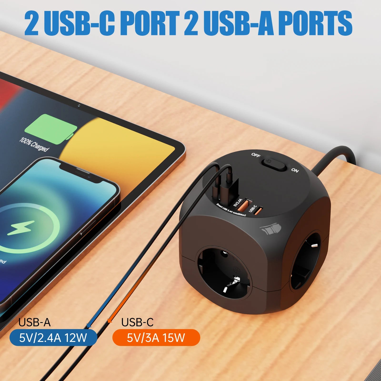 Eu plug multi-functional wall socket 4AC+4USB smart fast charging with multiple safety protections, suitable for family travel