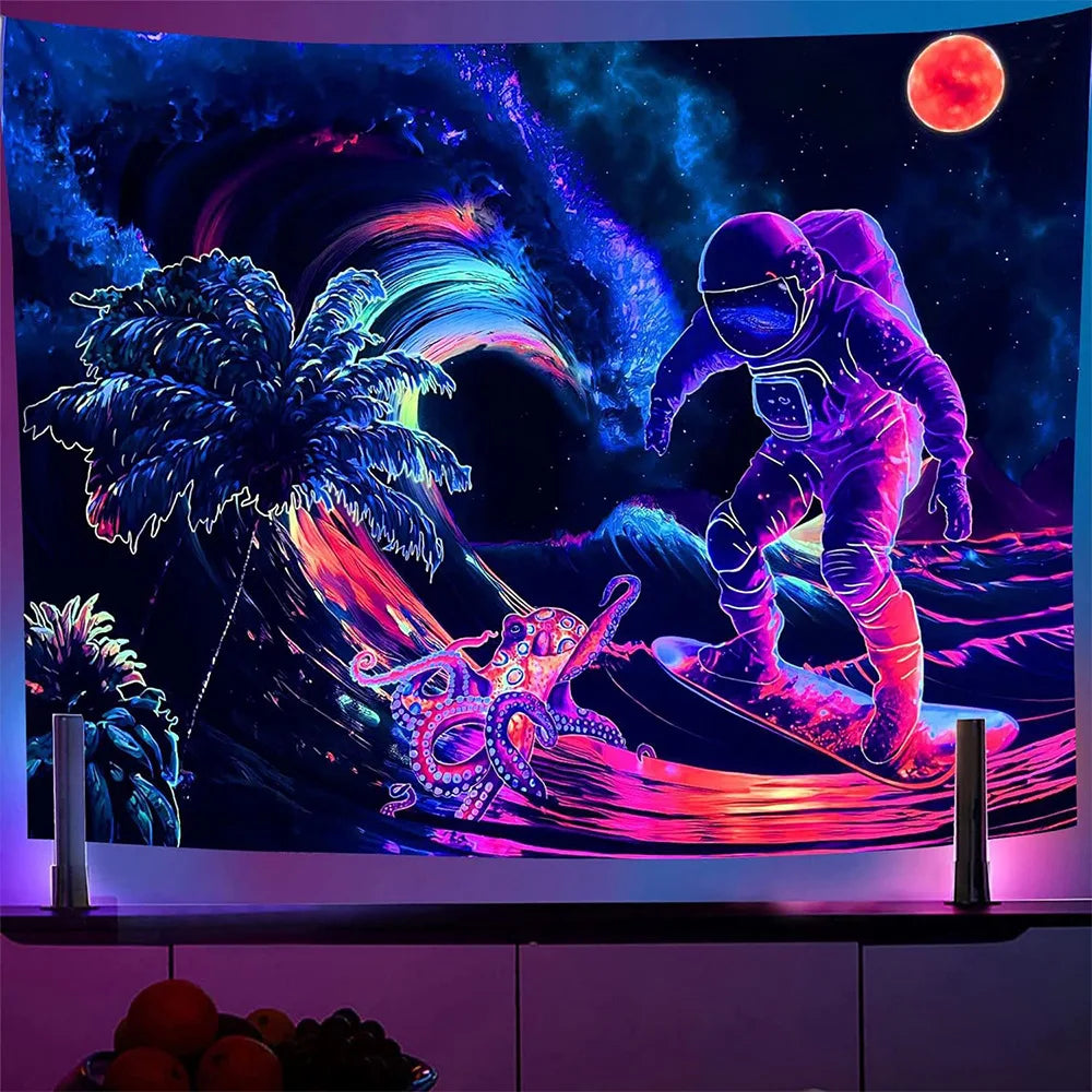 Neon Blacklight Tapestry UV Reactiv Alien DJ Tapestry Glow In The Dark Bohemian Elegance for Artful Wall Hanging and Home Décor